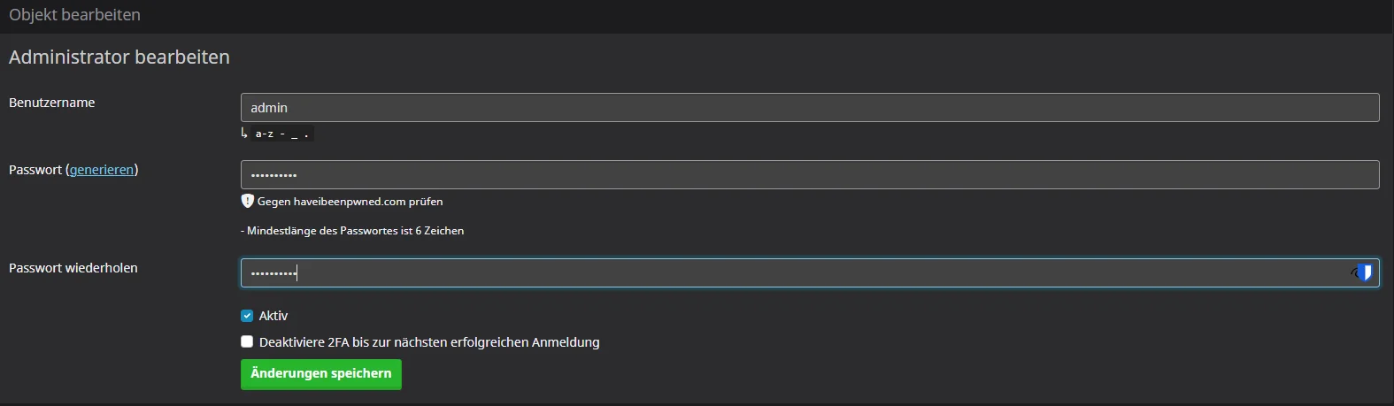 Formular zum Setzen eines neuen Admin-Passworts