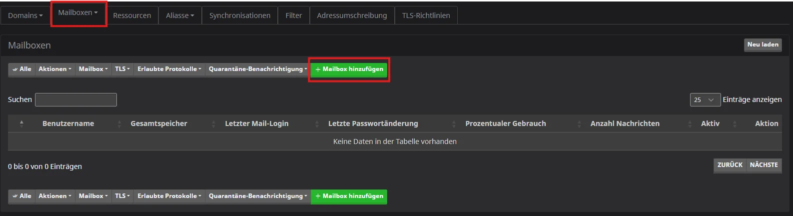 Formular zum Anlegen eines neuen Postfachs