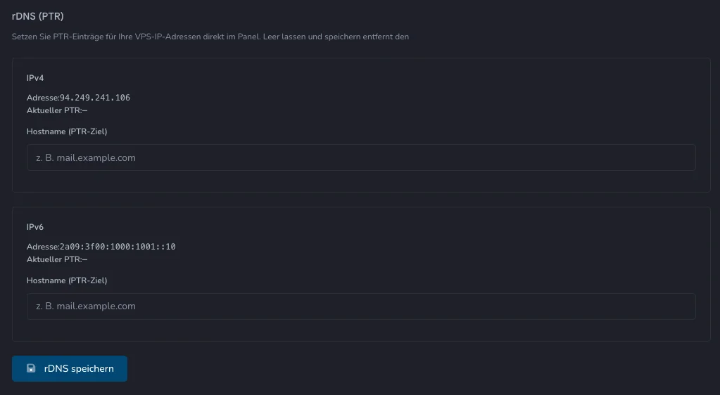rDNS (PTR) Einstellungen im Dashboard mit Eingabefeldern für IPv4 und IPv6